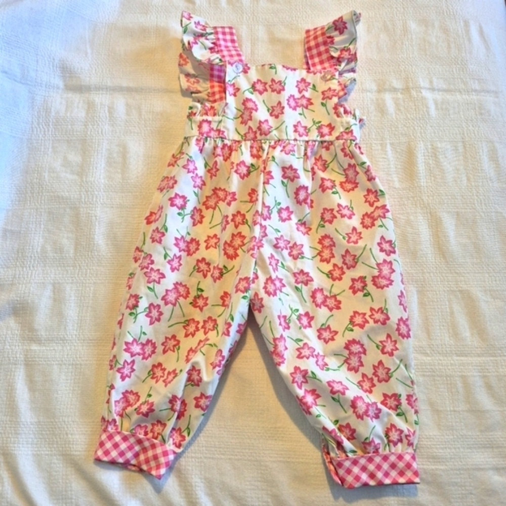 Baby Togs girls size 24 months jumpsuit, floral ruffles, snaps, Vintage pink EUC